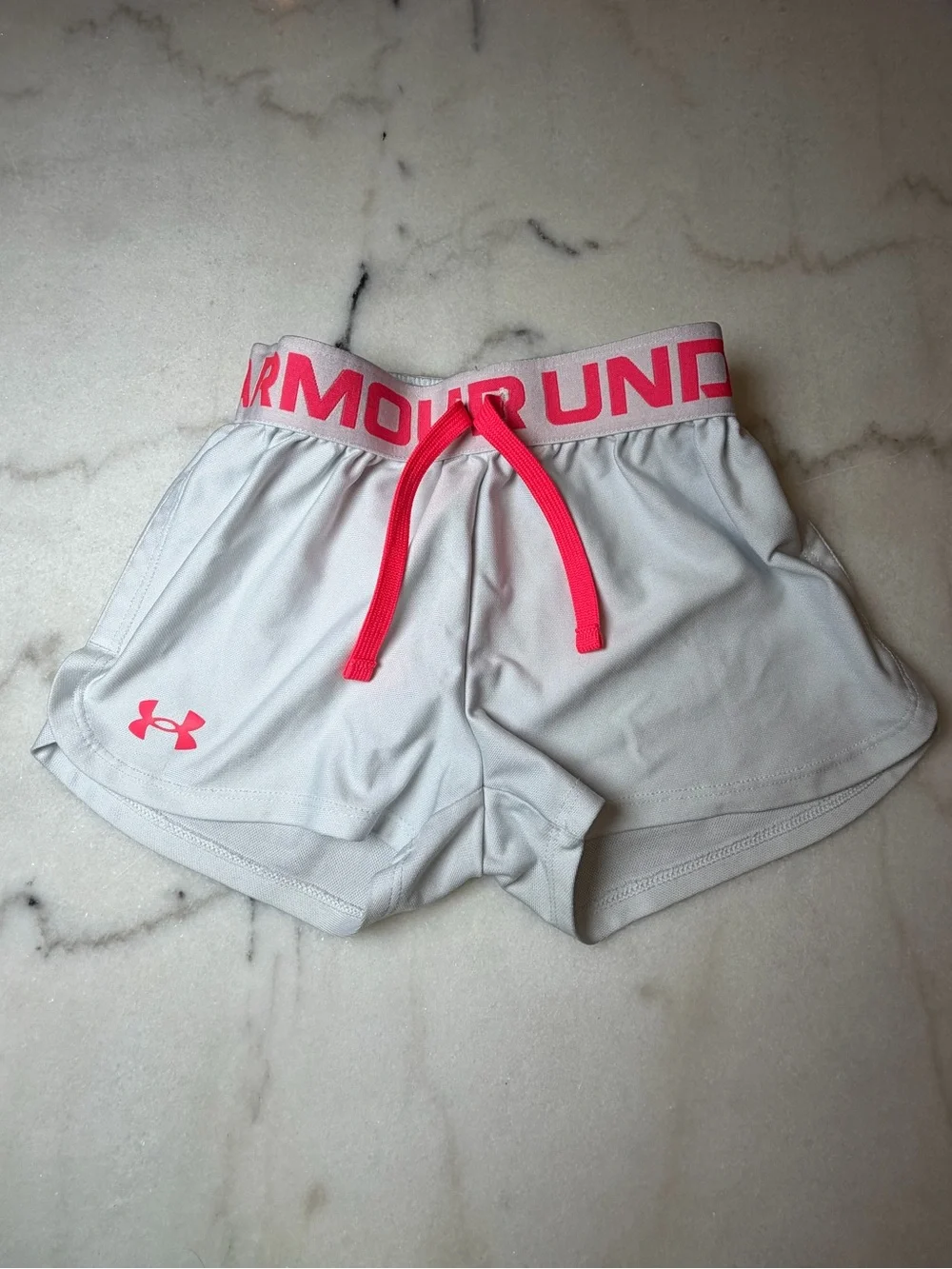 Under Armour White Athletic Shorts with Pink Waistband and Drawstring